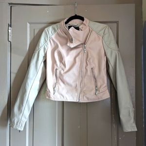 Cream and light pink motorcycle jacket with offset zipper